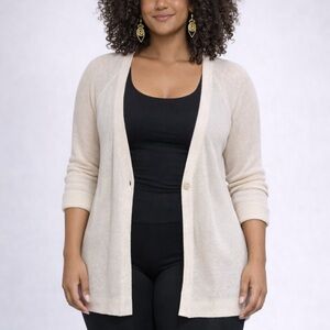Garnet Hill lightweight knit cardigan soft neutral cream / oatmeal tone.